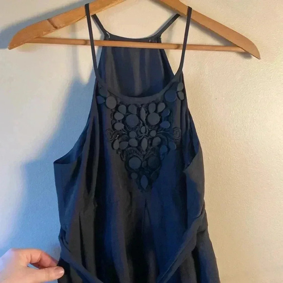 Women’s Empire Halter Dress Small S Black Silk Pockets Midi  Dress Embroidered - Picture 3 of 11